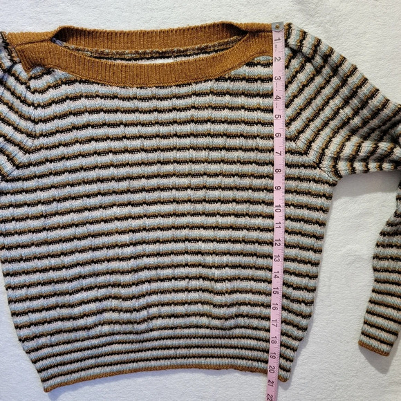 Nine West Cropped Striped Blue Tan Cream Boat Neck Sweater Fall Winter Size M - Picture 10 of 10